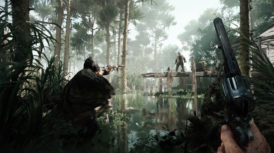 Best FPS games: A player and their ally hiding in a swamp environment, aiming at an enemy in Hunt Showdown.