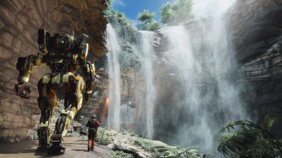 Best FPS games: A human Pilot and their Titan walking through a serene waterfall environment in Titanfall 2.
