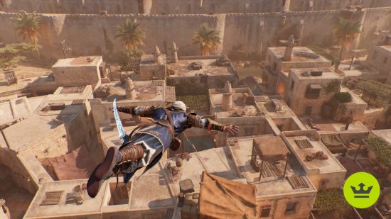 Best games: Basim leaping down into a city in Assassin's Creed Mirage.