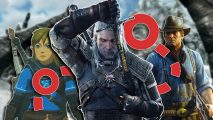 Best open world games: From left to right, Link, Geralt, and Arthur Morgan from Zelda, The Witcher 3 and Red Dead Redemption 2 respectively. Behind them is an image of a Skyrim environment and map trail marker.