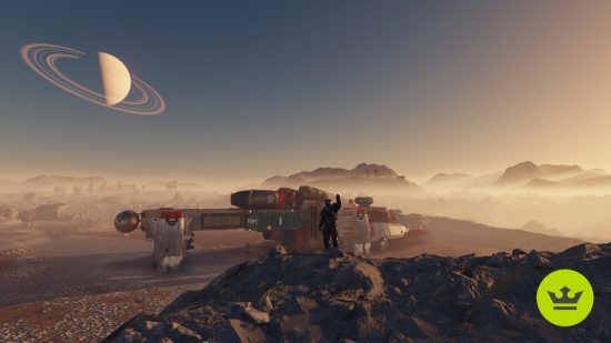 Best open world games: An image of Starfield, showing a player waving on a hill with a backdrop of a planet's surface and their ship. A ringed planet is in the distance.