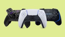 Best PS5 Controllers: DualSense in front of two third-party controllers and a green background