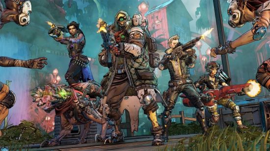 Best PS5 FPS games: Several characters from Borderlands 3 standing back to back firing at enemies charging at them.
