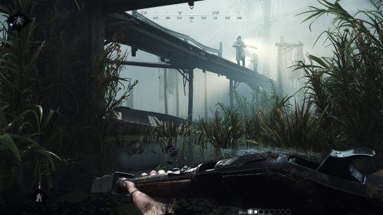 Best PS5 FPS games: A player hiding under a wooden walkway in Hunt Showdown.