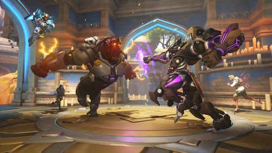 Best PS5 FPS games: Winston and Ramattra from Overwatch 2 attacking each other.