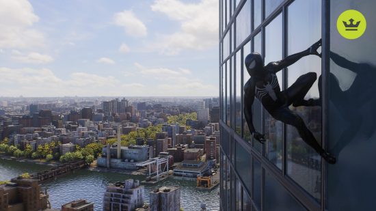 Best PS5 open world games: Spider-Man in black suit hanging off a skyscraper in Spider-Man 2 PS5