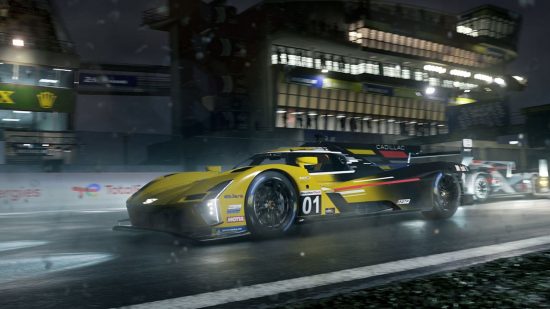 Best racing games: A screenshot of a yellow race car taking part in a rainy night race