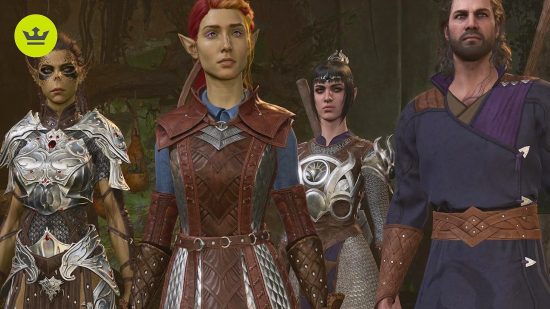 Best RPG games: Four characters from Baldur's Gate 3 standing in a line, three of which are companions.