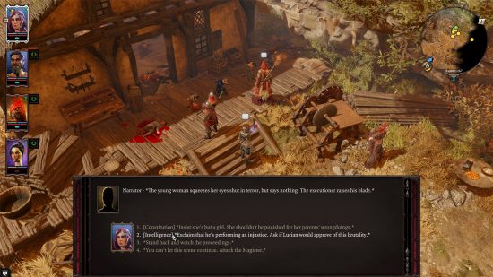 Best RPG games: The player engaging in dialogue with another character, standing on a wood platform outside a building in Divinity Original Sin 2.