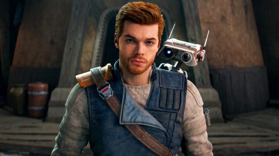 Best space games: Cal Kestis looking towards the camera with robot BD1 on his shoulder in Star Wars Jedi Survivor.