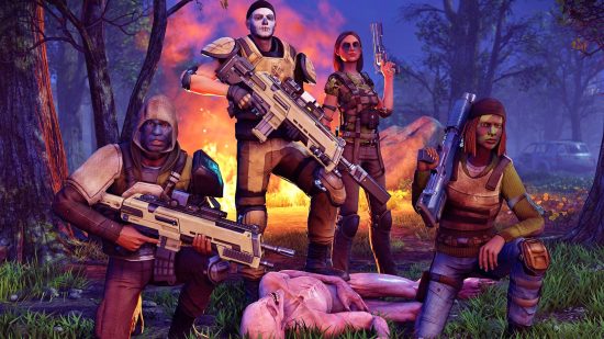 Best strategy games: a group of XCOM soldiers with painted faces posing next to a dead alien