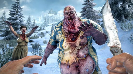 Best survival games: a person stares down two grotesque creatures with a knife in-hand