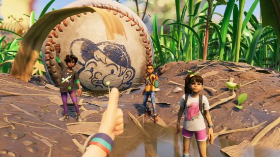 Best survival games: a group of kids in front of a giant baseball