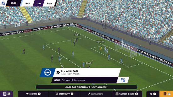 Best Switch football games: A screenshot from FM 2024 Touch showing a football match with overlays of the score and a goal notification