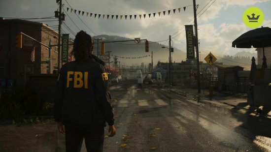Best Xbox horror games: Saga wearing an FBI uniform standing in the road of a small town.