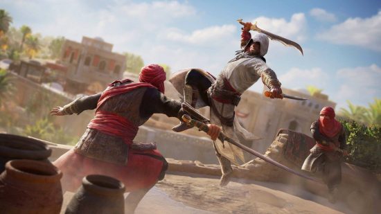 Best Xbox open world games: Basim attacking two soldiers in Assassin's Creed Mirage