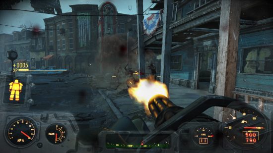 Best Xbox open world games: a massive minigun being fired off in Fallout 4
