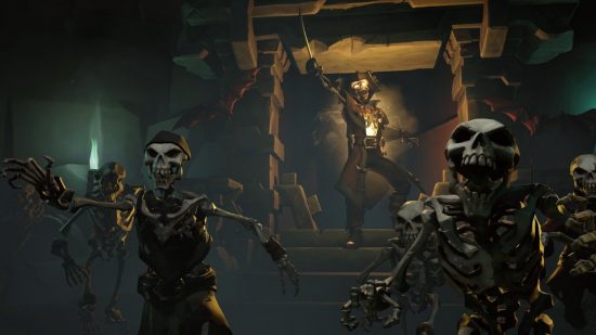 Best Xbox open world games: a skeletal captain commands its undead crew in Sea of Thieves