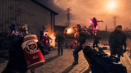 Best zombie games 2024: Player looking at zombies in MW3 Zombies while drinking a Jugger-Nogg Perk-a-Cola