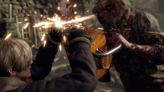 Best Xbox zombie games: Leon parrying the Chainsaw Man in Resident Evil 4 remake