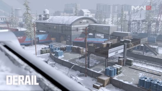 MW3 maps: A shipping facility in a snowy environment from the remastered Derail map.