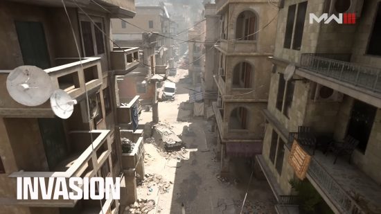 MW3 maps: A street covered in rubble in the Invasion map remaster.