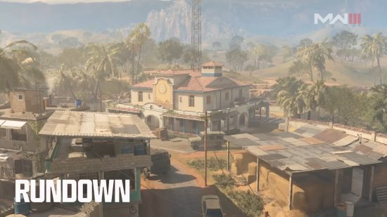 MW3 maps: A street with several large buildings and vehicles in the remastered Rundown map.