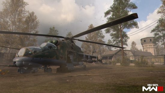 MW3 maps: A helicopter next to a building in the Wasteland remastered map.