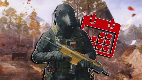 Fecha de lanzamiento de Call of Duty MW3: un soldado que usa una máscara de gas que se dirige hacia la cámara, con un ícono del calendario al lado de ellos, ubicado en un fondo borroso de un mapa boscoso