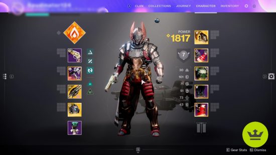 Destiny 2 Titan build: A Solar Titan with a PvE loadout in the inventory page.