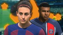 FC 24 5 star skillers: Alexia Putellas on the left and Kylian Mbappe on the right, with one large gold star behind them, and three smaller ones.