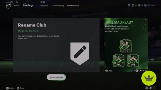 FC 24 change club name: The club name option in settings.