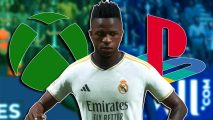 FC 24 crossplay: Vinicius Junior looking towards the camera. The image is split in half, with the left representing Xbox and the right PlayStation.