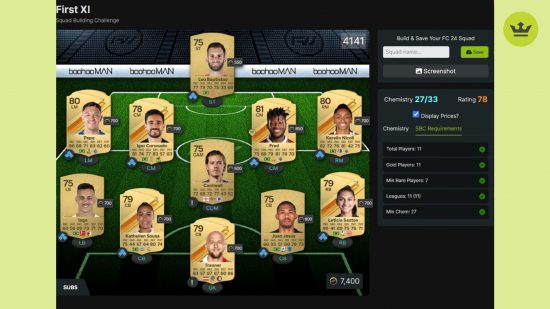 FC 24 First XI Solution: A teamsheet of gold Ultimate Team cards and a checklist of SBC requirements