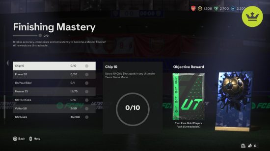 FC 24 free packs: An in-game menu showing the Finishing Mastery objectives set in FC 24