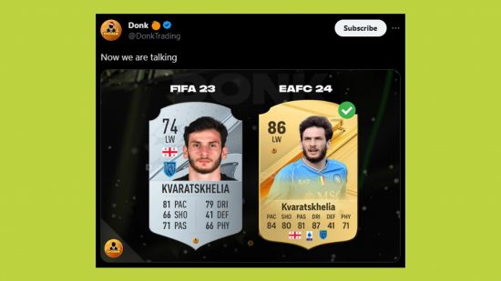 FC 24 Kvaratskhelia rating: an image of the leak comparing the two FUT cards