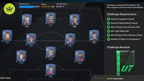 FC 24 Puzzle Master SBC: An in-game team sheet showing 11 grey player cards