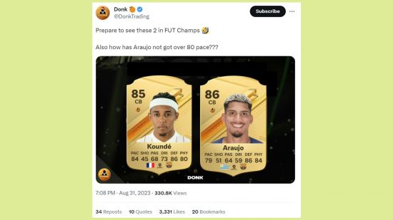 FC 24 rating leaks - a tweet showing mock-up FUT cards set against a green background