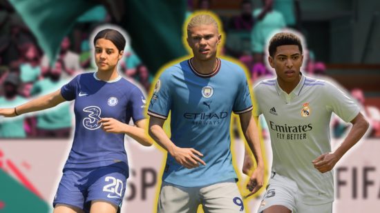 FC 24 ratings: Sam Kerr, Erling Haaland, and Jude Bellingham in front of a blurred grandstand of fans