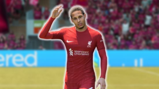 FC 24 ratings leaks: Virgil van Dijk in a red Liverpool kit holding one hand above his head