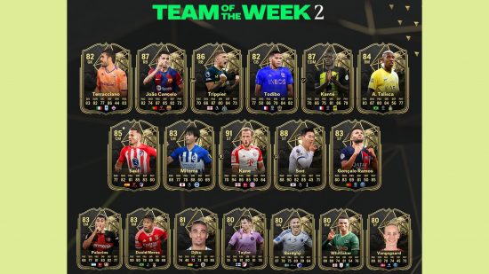 FC 24 TOTW 2: A graphic showing several black in-form TOTW cards in EA FC