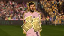 Free FC 24 packs: Lionel Messi in a pink football kit holding a pile of gold FUT packs