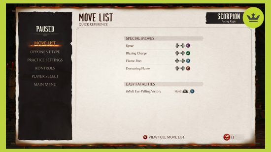 Mortal Kombat 1 combos: the menu in Practice mode