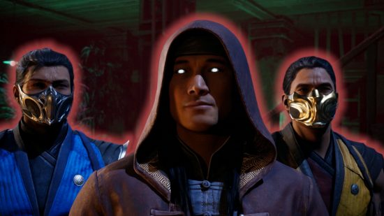 Mortal Kombat 1 Konquest: A hooded figure with glowing white eyes flanked by the masked figures of Scorpion and Sub Zero