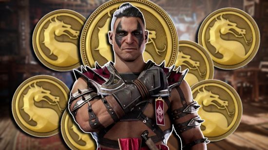Mortal Kombat 1 Koins: Reiko looking at the camera with one arm on his chest. Behind him at several dragon engraved Koins.