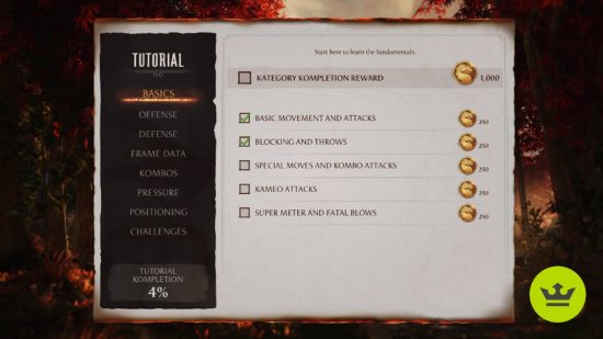 Mortal Kombat 1 Koins: The tutorial objectives page showing the Koins rewards for each step.