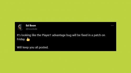 Mortal Kombat 1 Player 1 advantage fix: an image of Ed Boon's Tweet on the issue