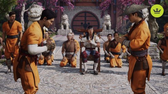 MK1 review: two fighters in orange garments face each other, with Liu Kang sat on a chair in the background observing