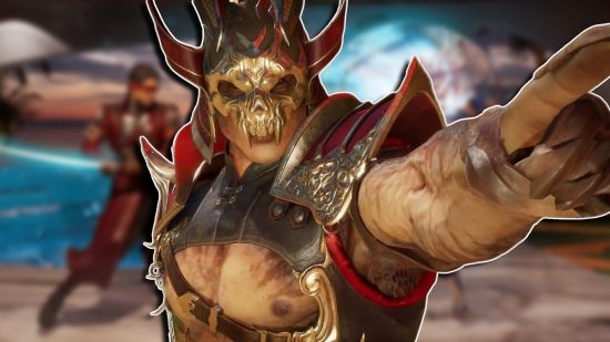 Mortal Kombat 1 taunt: Shao Kahn pointing towards the camera, with two characters fighting blurred in the background.