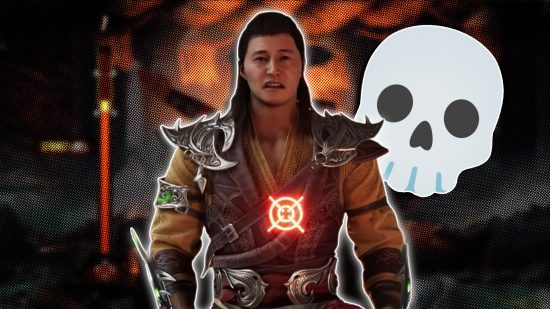 Mortal Kombat 1 Test Your Might: Shang Tsung looking worriedly at the camera, with a laser target on his chest and a skull emoji icon to the right.